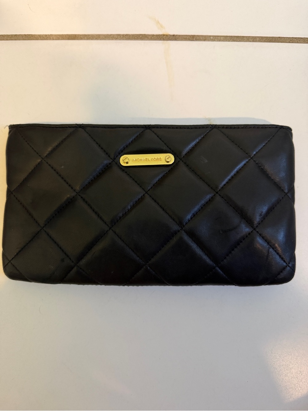 Michael Kors Black Quilted Leather Clutch with Gold Plaque